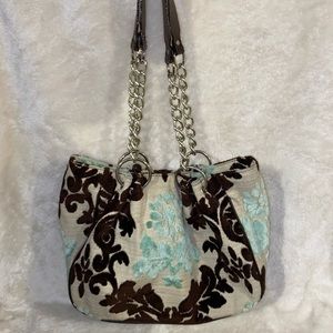 SOLD Glenda Gies Brown, Aqua & Cream Shoulder Bag